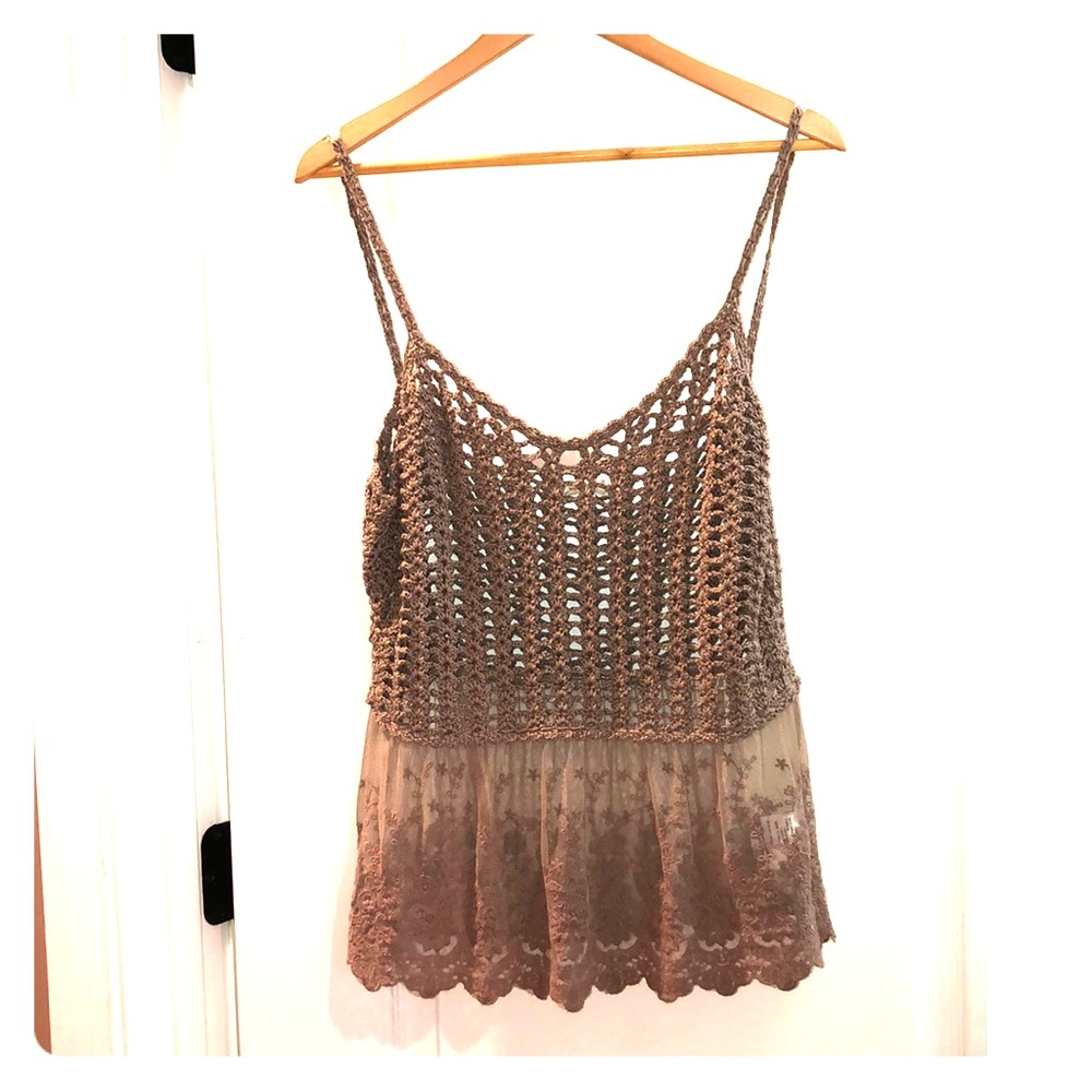 Crocheted tank top with sheer lace bottom